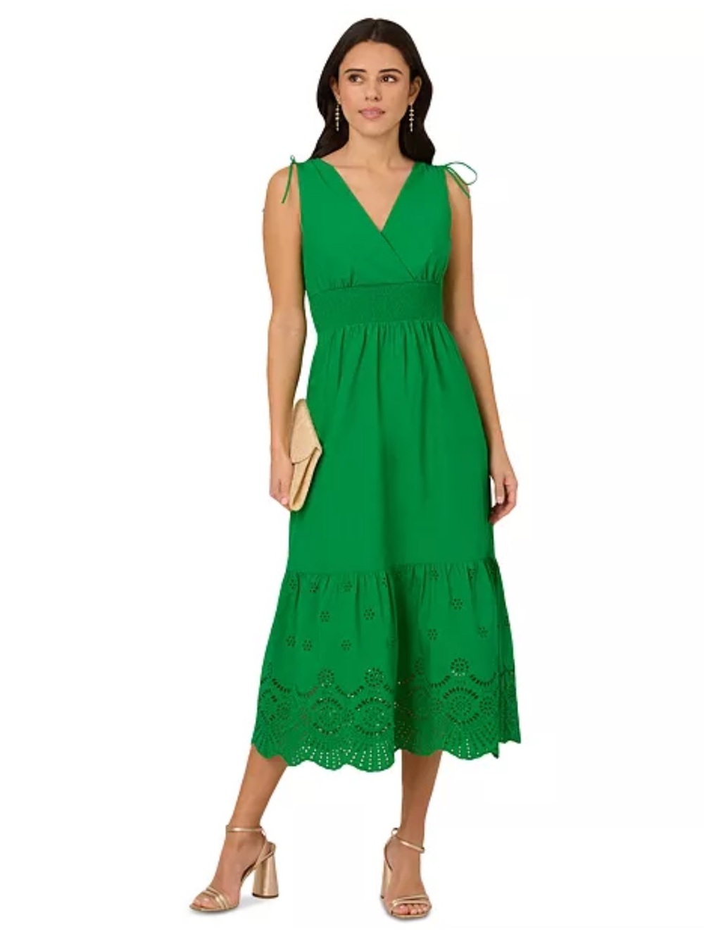 Adrianna Papell Smocked Waist Tie Sleeve Eyelet Cotton Sundress Kelly Green NWT - Picture 1 of 15